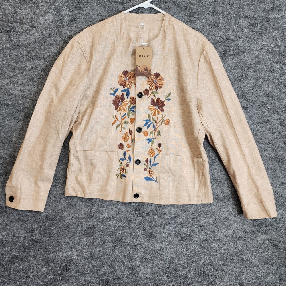 Manly Jacket Womens Large Tan Floral Linen Blend Embroidered Button Front Casual